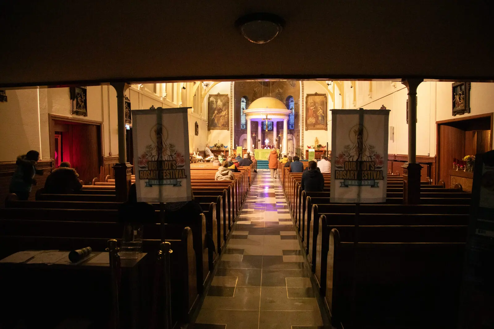 Rosary Festival banners in church