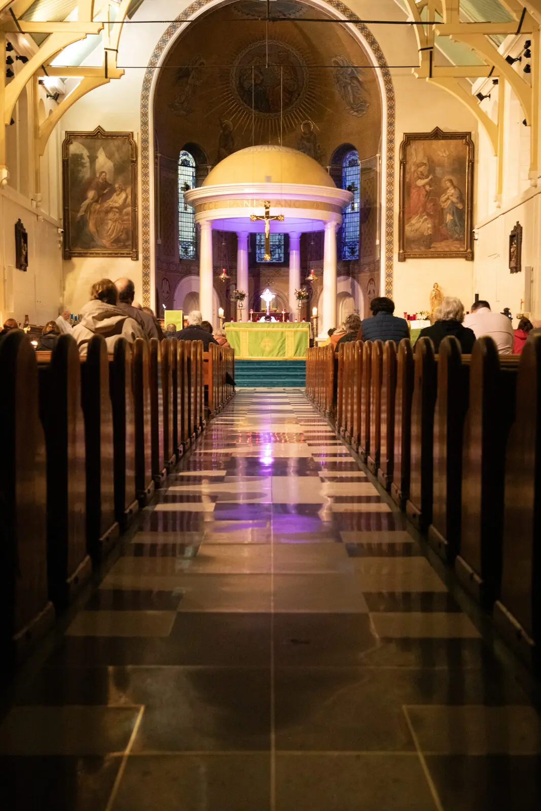 Centre aisle view of church